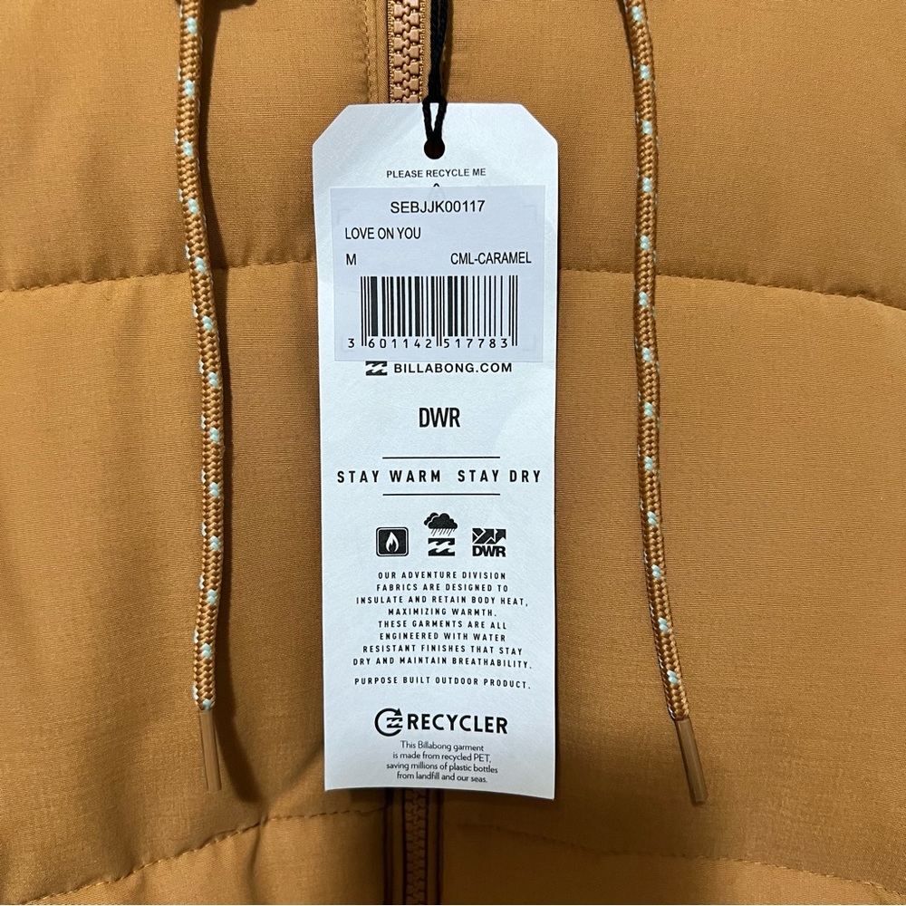 Billabong Love On You Recycler Jacket sz M, Caramel New with Tag - Picture 5 of 8